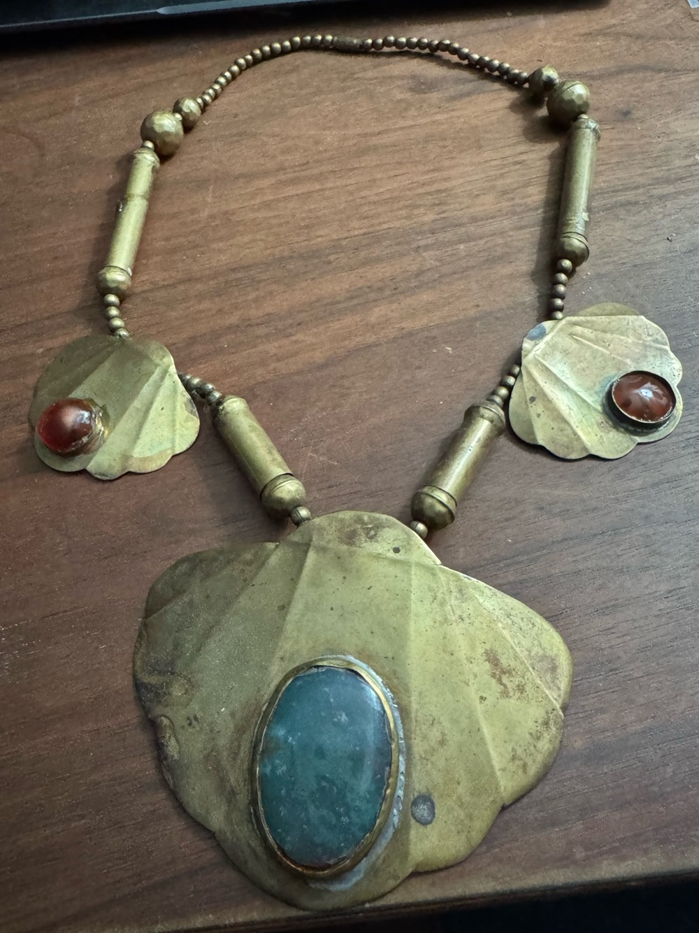 Vintage Brasstoned Egyptian Revival Beaded Pendant Necklace w/Gemstones *READ*